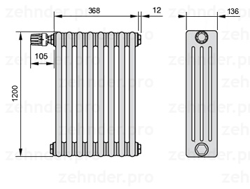 Схема (чертеж) Радиатор Zehnder Charleston 4120/8 №V012 Белый глянцевый RAL 9016